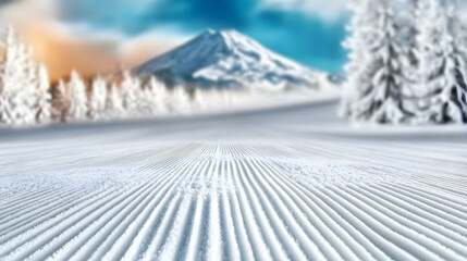 Groomed ski slope at mountain resort; sunrise view, winter vacation background
