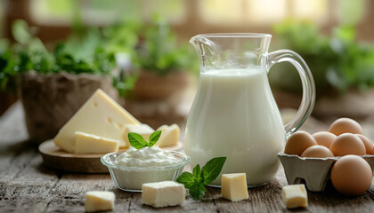 Dairy products on white wooden table
