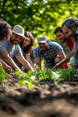 Group of friends gardening in a sunny backyard