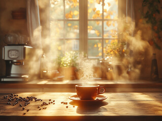 A cozy morning scene in a rustic kitchen, a person brewing coffee near a window