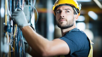 An intimate portrait of an electrician installing wiring in an industrial warehouse expansion, Industrial warehouse electrical installation scene, Professional and focused style