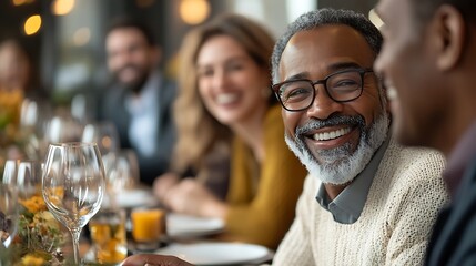 Joyful dinner gathering restaurant people indoor close-up connection