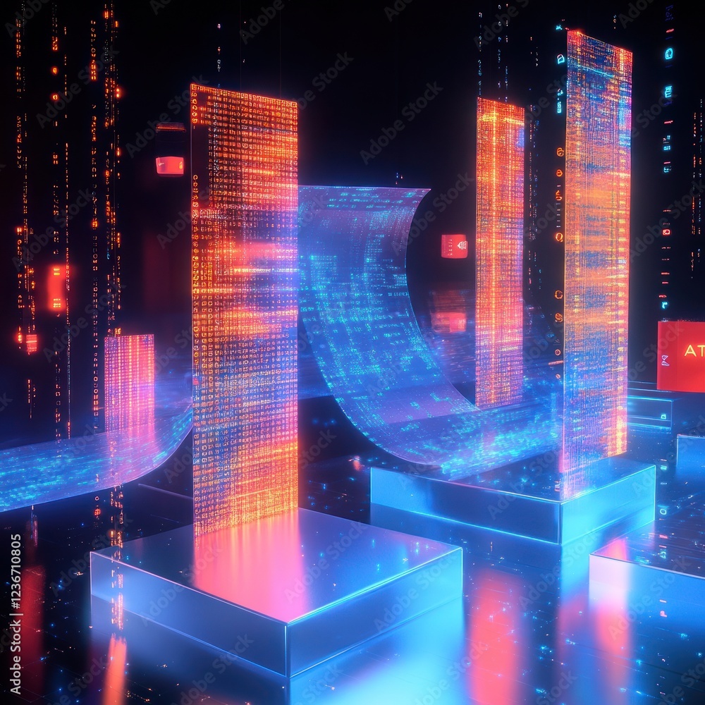 Poster abstract digital glowing city with flowing data on platforms for futuristic tech and financial conce