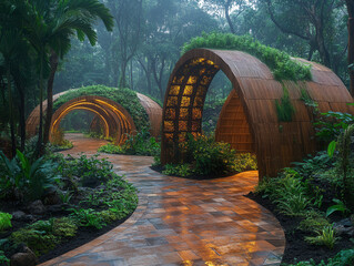 A large-scale eco-art installation in the middle of a lush forest