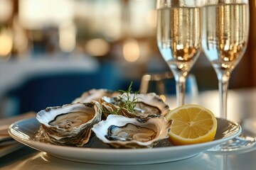 Fototapeta premium A blue plate with oysters on it, with champagne glasses next to them and lemon slices, is set against the backdrop of an elegant restaurant interior.
