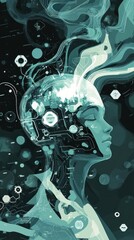 Woman, AI, mind, digital, futuristic, tech,  neural network, abstract, background, concept art