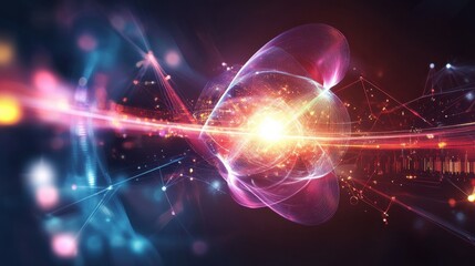 Futuristic quantum computing interface with glowing qubit pathways processing massive big data streams and real time analytics. Conceptual digital technology background with copy space