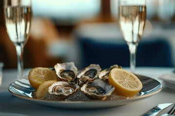 Fototapeta premium A blue plate with oysters on it, with champagne glasses next to them and lemon slices, is set against the backdrop of an elegant restaurant interior.
