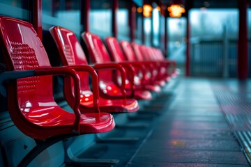 Shiny red seats standing in an empty public transport station waiting for passengers