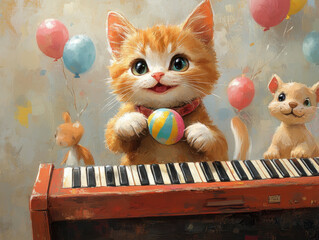 A playful cartoon-style orange tabby cat joyfully playing a colorful toy piano
