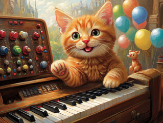 A playful cartoon-style orange tabby cat joyfully playing a colorful toy piano