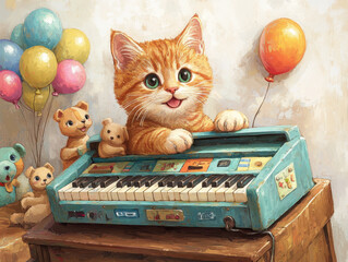 A playful cartoon-style orange tabby cat joyfully playing a colorful toy piano