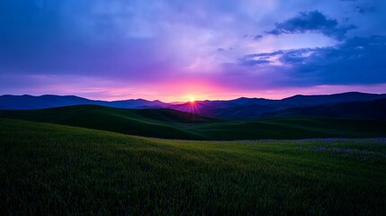 Rolling hills at dusk with vibrant sunset light and a beautiful purple sky