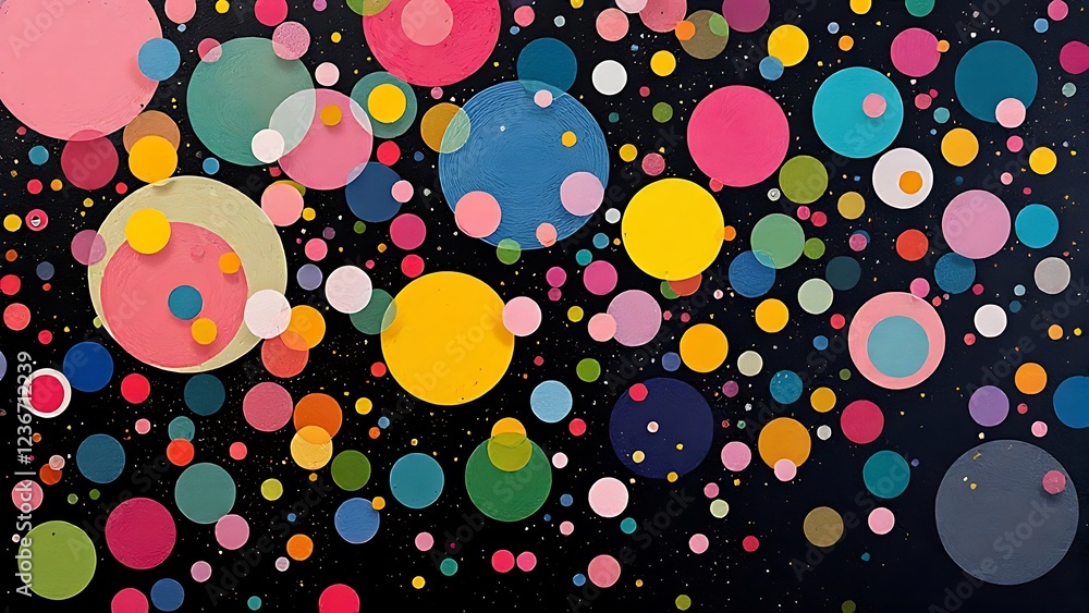 Poster colorful dots of varying sizes create a vibrant and dynamic pattern against a black background, idea