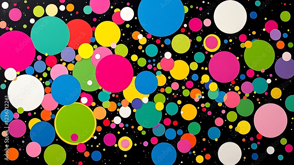 Poster colorful dots of varying sizes create a vibrant and dynamic pattern against a black background, idea