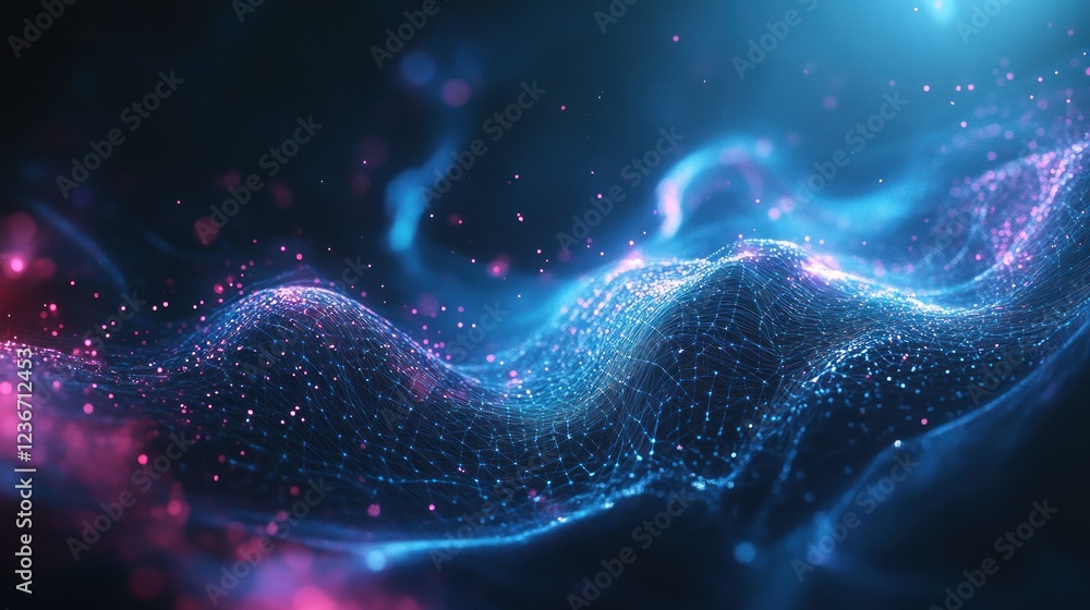 Poster abstract data wave in glowing blue and pink with small dots. digital background