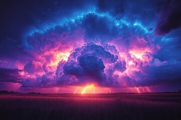 Stormy skies with vibrant clouds and lightning over open field landscape