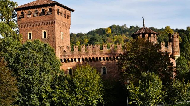 Sunset over the medieval village in the Valentino Park in Torino.