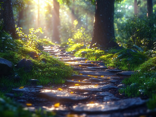 A serene forest path with sunbeams filtering through tree canopies