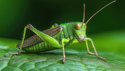Fototapeta premium A vibrant green grasshopper perched on a leaf