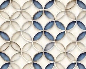 Abstract geometric pattern with beige and blue circles on marble background.