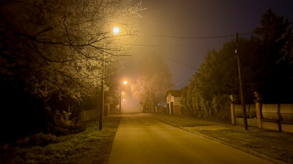 A misty, dimly lit street at night evokes mystery and solitude, ideal for Halloween or suspenseful...