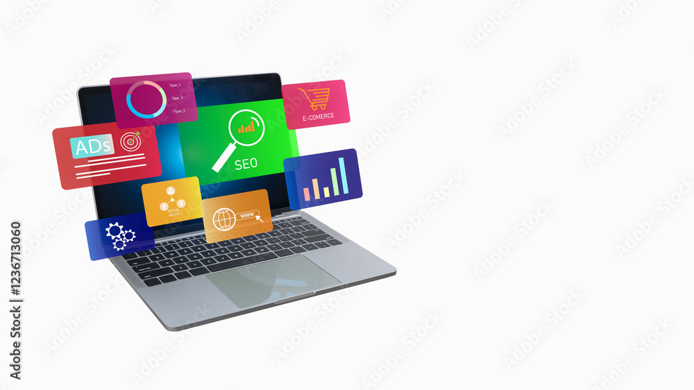 Poster seo search engine, laptop show dashboard screen analyze seo search engine optimization for traffic o