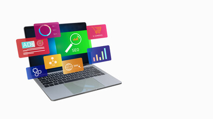 SEO search engine, laptop show dashboard screen analyze SEO search engine optimization for traffic on website and optimizing your website to search engines, Digital technology of marketing planning.