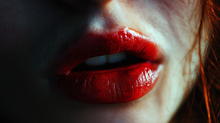 A woman's lips are painted red and she is looking away