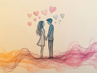 A simple line art of a couple holding hands, drawn with continuous thin black lines
