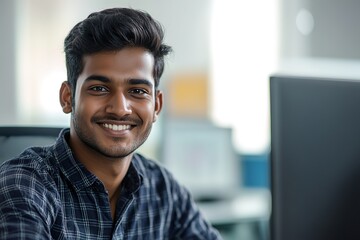 Fototapeta premium A young Indian man in casual attire is sitting at his desk, smiling as he looks directly into the camera with an open and friendly expression.