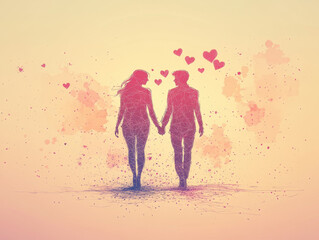 A simple line art of a couple holding hands, drawn with continuous thin black lines