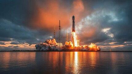 Rocket Launch at Sunset Over Calm Water