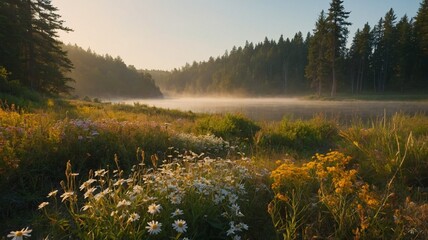 Wildflower Meadow at Sunrise with Golden Hues  