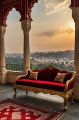 A majestic Indian heritage royal mahal (palace) or resort, showcasing traditional architecture, opulent designs, and regal ambiance. A perfect blend of history, culture, and luxury.