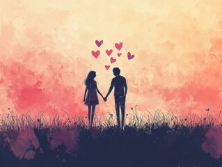 A simple line art of a couple holding hands, drawn with continuous thin black lines
