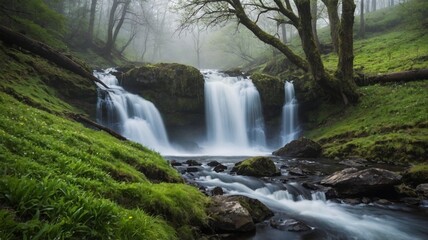 Cascading Waterfall in a Dense Forest with Misty Atmosphere  