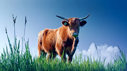 Highland cow grazing in grassy field, sunny sky; agricultural livestock image