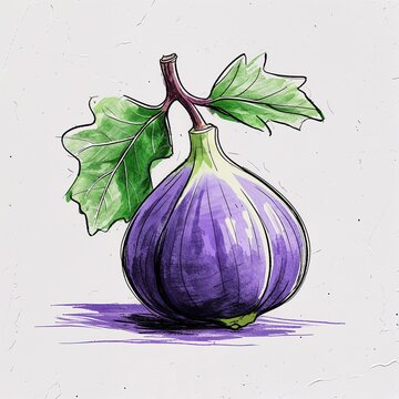 recommend clip art: A fig fruit art purple and green flat design simple line hand drawing on plain white background