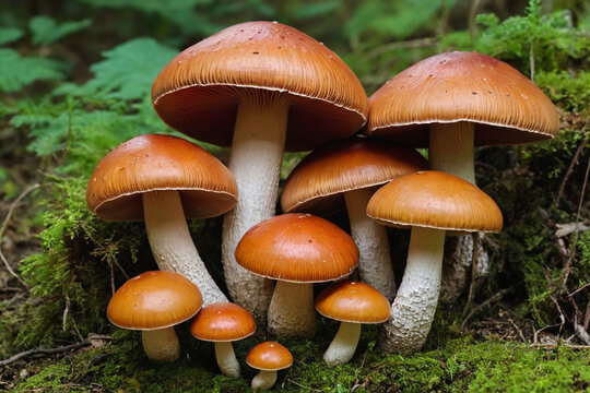 Wild Brown Mushrooms in Mossy Forest - Macro Photography of Autumn Fungi Cluster on Forest Floor