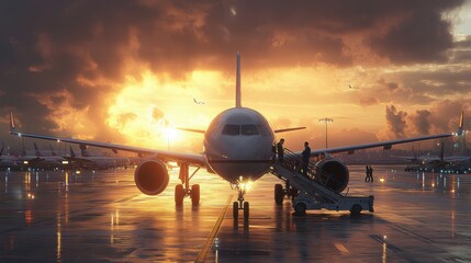 Airplane at sunrise on wet runway