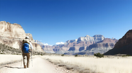 Hiker trekking Grand Canyon trail, vast desert landscape background, adventure travel
