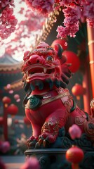 Fototapeta premium Red lion dog statue, temple courtyard, cherry blossoms, Chinese New Year.
