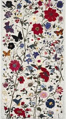 A vibrant floral design featuring various flowers and butterflies against a light background, creating a lively and colorful pattern.