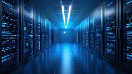 Fototapeta premium Blue abstract neutral glowing big data storage backround for digital technology and medical science with perspective