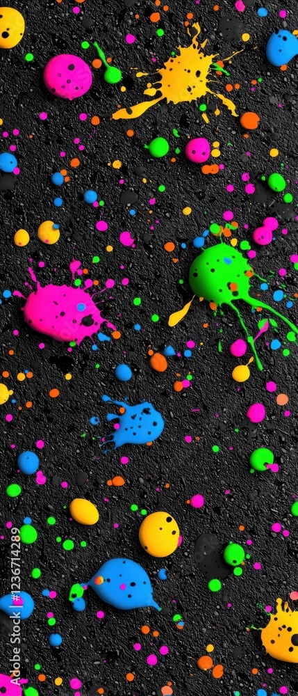 Poster a vibrant splash of colorful paint droplets against a black background, creating a playful and artis