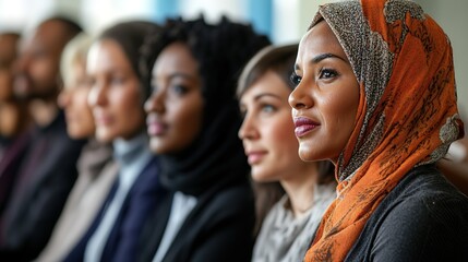 Obraz premium Close-up of a diverse group of people sitting in a row and listening to a speech, with the focus on the person wearing a headscarf.