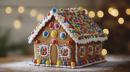 Festive gingerbread house, bokeh lights, winter