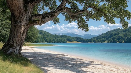 Lake vista sandy beach outdoor scene
