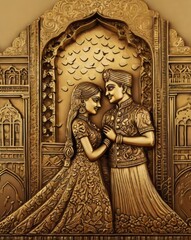 Obraz premium A cute 3D illustration of a couple, with the boy giving a flower to the girl, standing in front of a large heart. Surrounded by flowers and hearts, celebrating Valentine’s Day, symbolizing love, affec